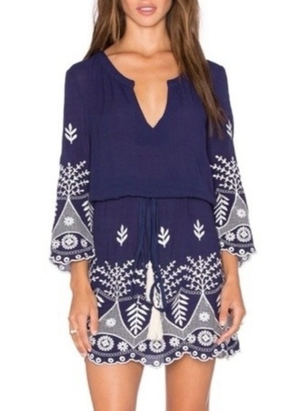 MISA | Blue and White Embroidered Dress, Drawstring Waist, 3/4 Sleeves, Size XS